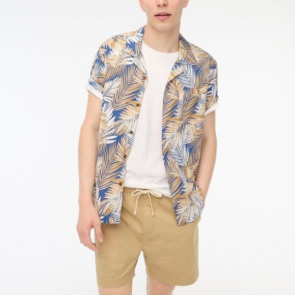 J Crew Men's Printed Flex Shirt Button Front Cotton Tropical Tan Blue Large - Picture 9 of 10